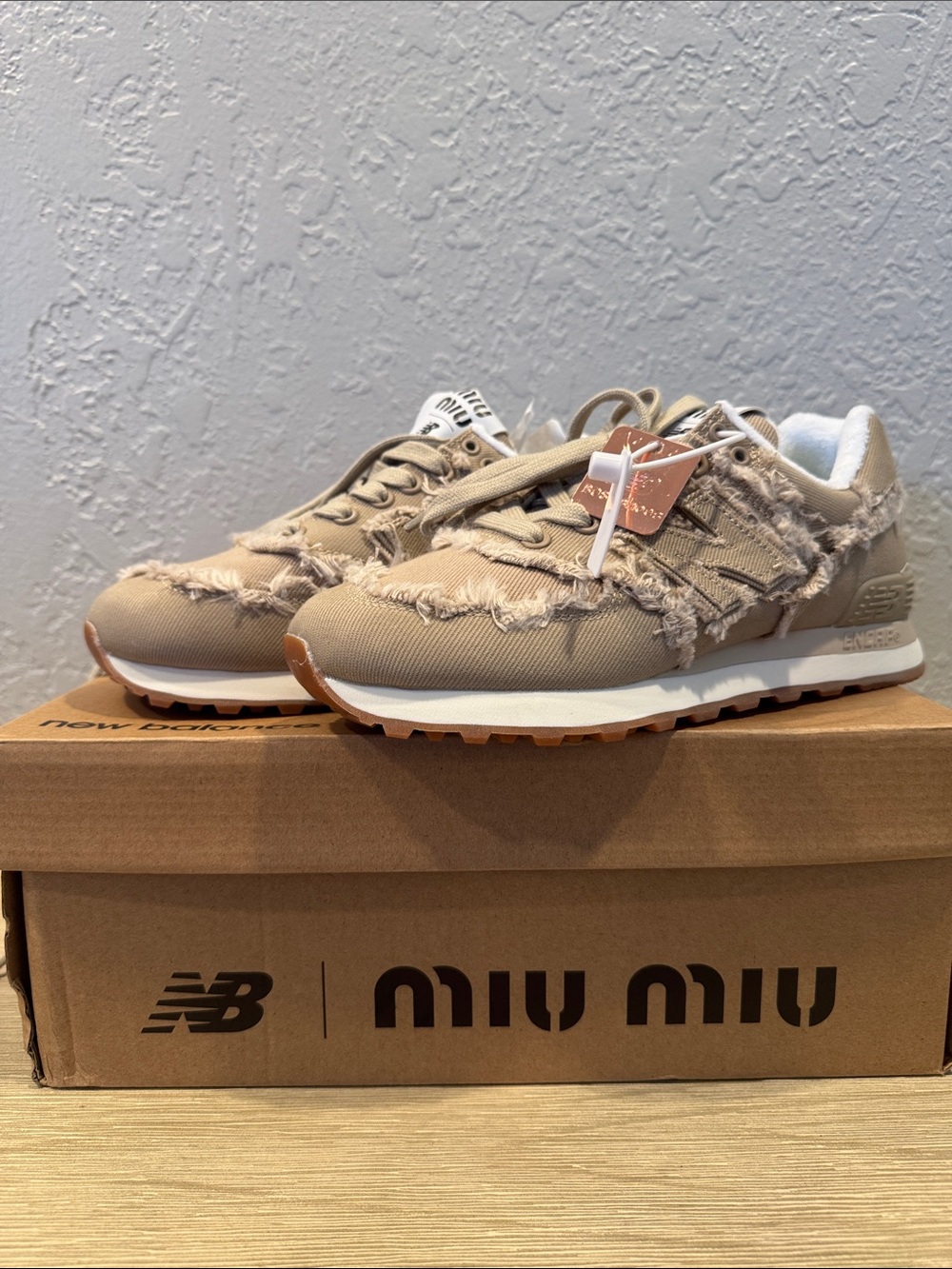 Miu Miu X New Balance Beige Frayed-Edge Lace-Up Sneakers